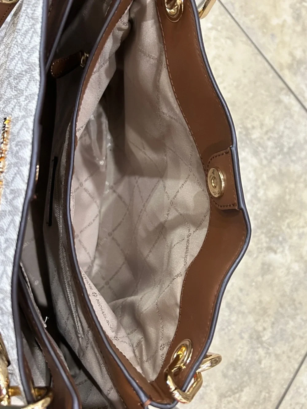 Michael Kors Cream and Brown Logo-Print Tote with Gold Hardware - Picture 7 of 11